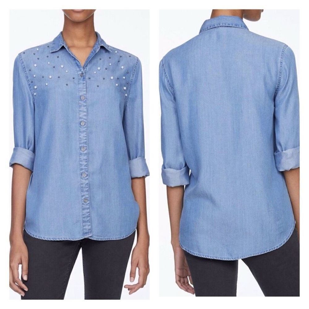 NWT BeachLunchLounge Adria button down Pearls Chambray Top Blouse Shirt Small